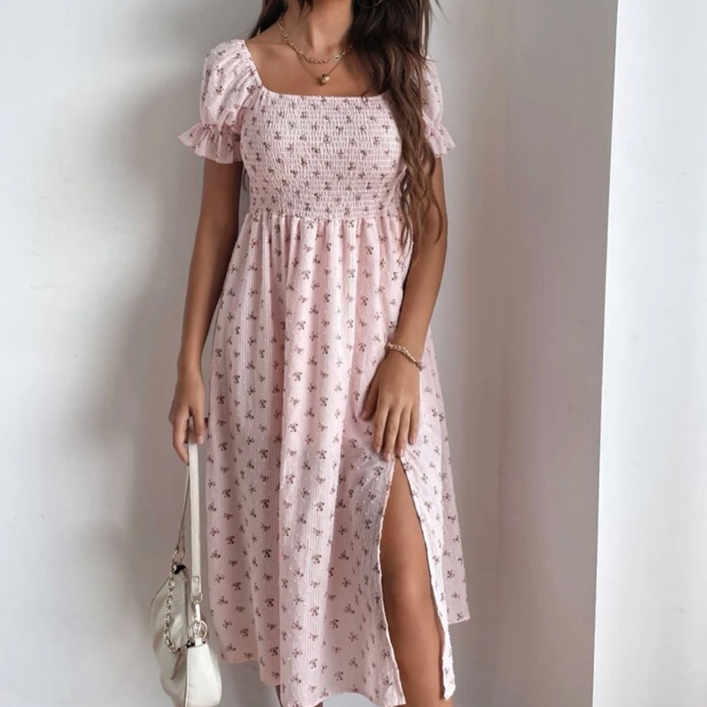 Ditsy Floral Swiss Dot Split Hem Dress